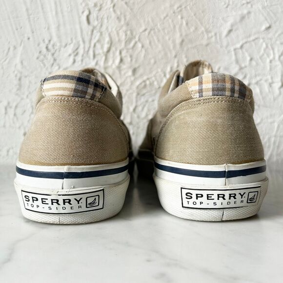 Sperry Top-Sider Tan Canvas Laceless Slip-On Sneakers Plaid Trim Men's 9.5 - Picture 5 of 7